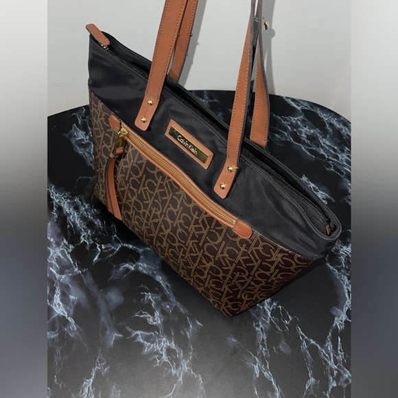 CALVIN KLEIN Handbag Black Brown CK Logo Allover Print Tote Satchel AUTHENTIC - Picture 5 of 11